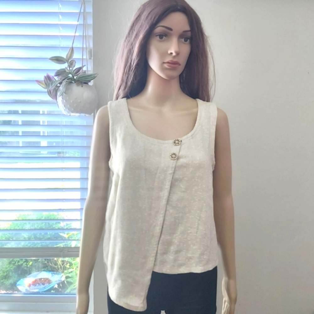 Terracotta Linen Blend Oatmeal Beige Sleeveless Top Blouse Assymetrical